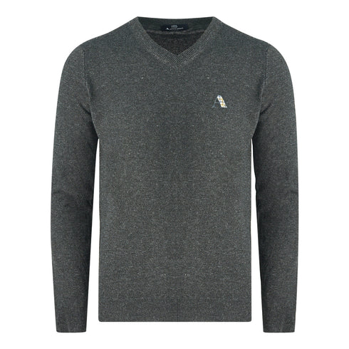 Aquascutum Navy Blue Check A Logo V-Neck Jumper - Nova Clothing