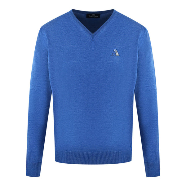 Aquascutum Check A Logo Blue V Neck Jumper