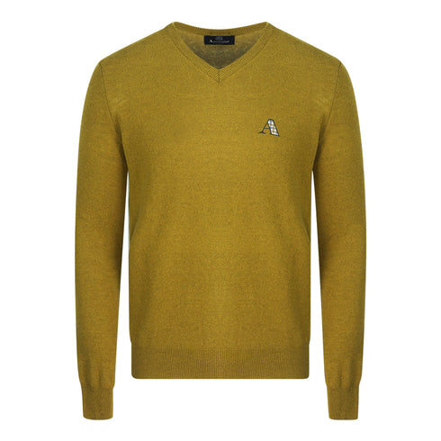 Aquascutum Check A Logo Dark Yellow V-Neck Jumper - Nova Clothing