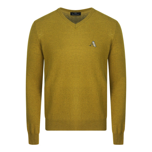 Aquascutum Check A Logo Dark Yellow V-Neck Jumper - Nova Clothing