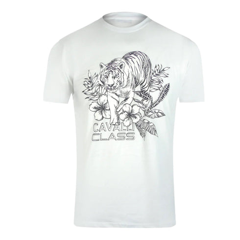 Cavalli Class Tiger Floral Logo White T-Shirt TXT60R JD060 00533