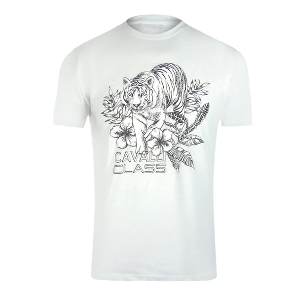 Cavalli Class Tiger Floral Logo White T-Shirt TXT60R JD060 00533