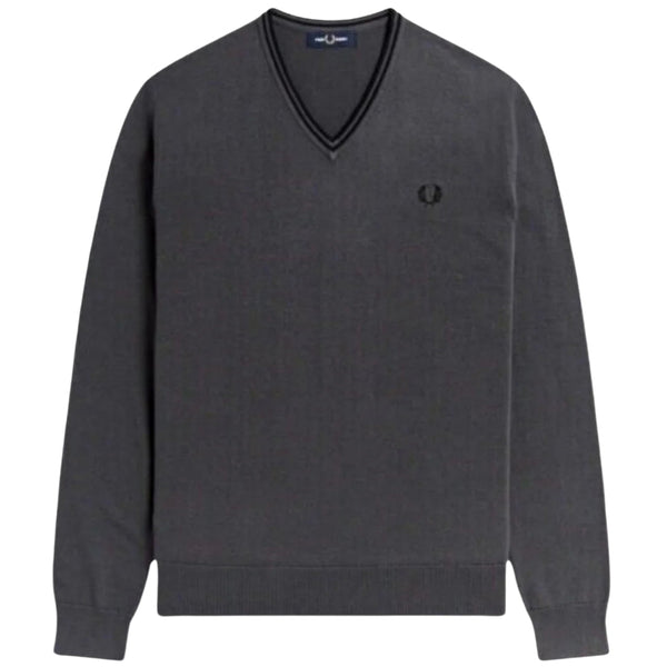 Fred Perry Black Twin Tipped V-Neck Gunmetal Grey Jumper S