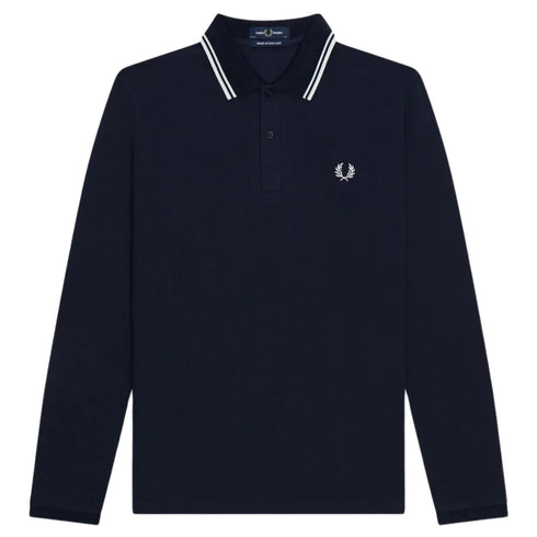 Fred Perry White Twin Tipped Collar Navy Blue Long Sleeve Polo Shirt S