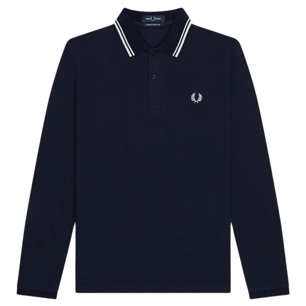 Fred Perry White Twin Tipped Collar Navy Blue Long Sleeve Polo Shirt S