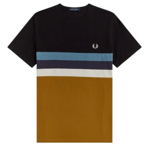 Fred Perry Panelled Striped Dark Carmel Brown T-Shirt M
