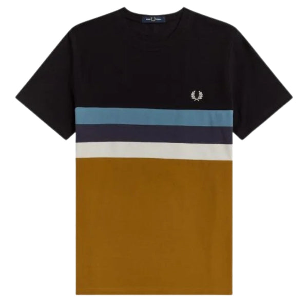 Fred Perry Panelled Striped Dark Carmel Brown T-Shirt