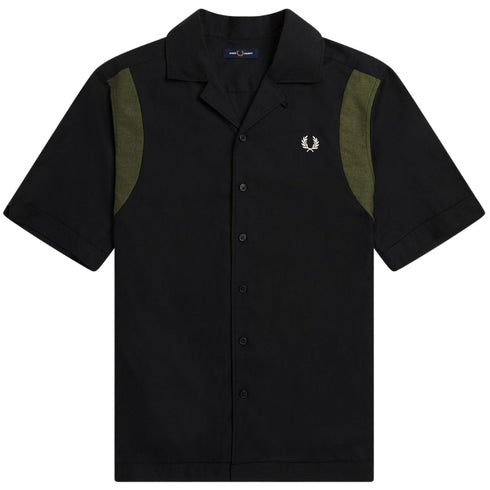 Fred Perry Black Panelled Short Sleeve Bowling Shirt XS