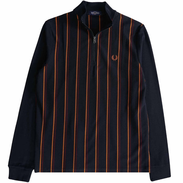 Fred Perry Long Sleeve Striped Panel Pique Zip Navy Blue Polo Shirt XS