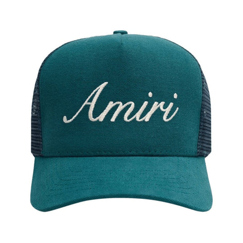 Amiri Script Logo Teal Blue Trucker Hat One Size