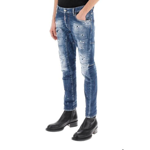 Dsquared2 Tidy Biker Jean Paint Splash Reinforced Ripped Blue Jeans S74Lb1438 S30872 470