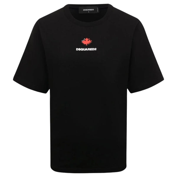 DSQUARED2 Pixel Leaf Logo Print Crew Neck Black T-Shirt XXS