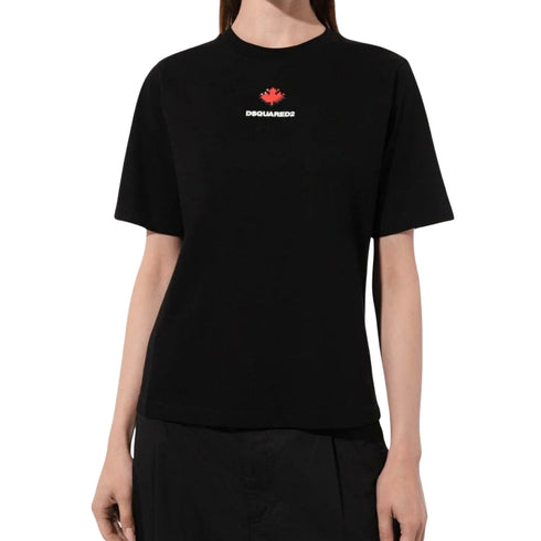 DSQUARED2 Pixel Leaf Logo Print Crew Neck Black T-Shirt XXS