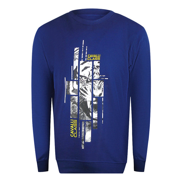 Cavalli Class Txt66E Cf050 04551 Iris Blue Round Neck Sweatshirt Mens - Style Centre Wholesale
