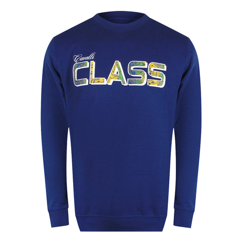 Cavalli Class Txt66H Cf050 04551 Iris Blue Round Neck Sweatshirt Mens - Style Centre Wholesale