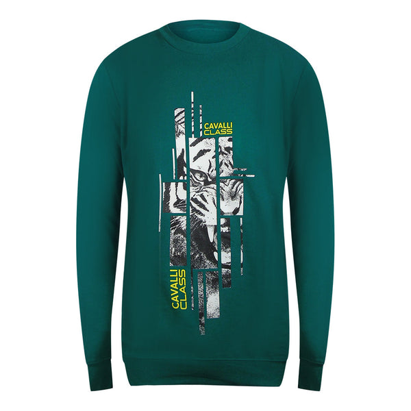 Cavalli Class Txt66E Cf050 04038 Green Ottanio Round Neck Sweatshirt Mens - Style Centre Wholesale