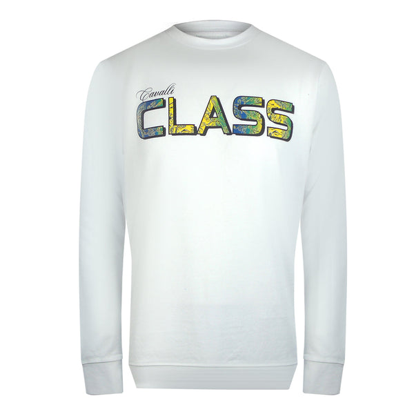 Cavalli Class Txt66H Cf050 00533 Off White Round Neck Sweatshirt Mens - Style Centre Wholesale