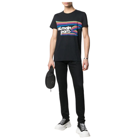 BALMAIN VH1EF000G016 Balmain Paris Rainbow Multi Logo Black T-Shirt AAA BLACK T-SHIRT MALE S