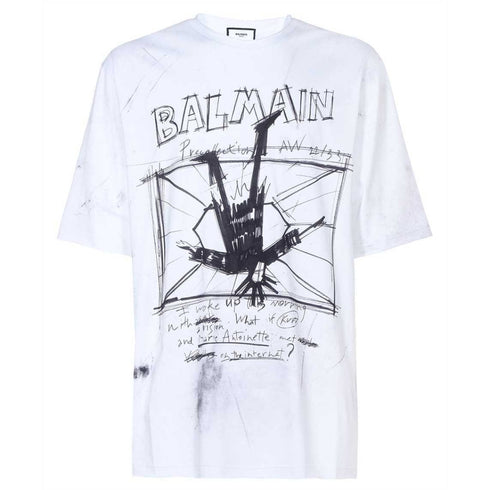 BALMAIN YU1EH035GB83 Balmain Sketch Drawing Logo White T-Shirt EAB WHITE T-SHIRT MALE S