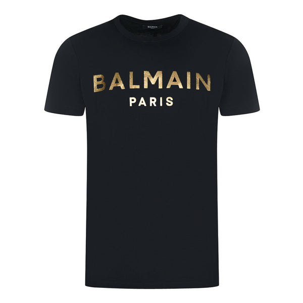 Balmain Paris Logo In Gold Black T-Shirt AH1EF000BB29 EAD