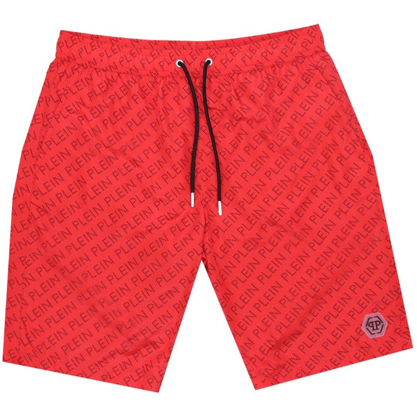 Philipp Plein Repetitive Logo Long Red Swim Shorts