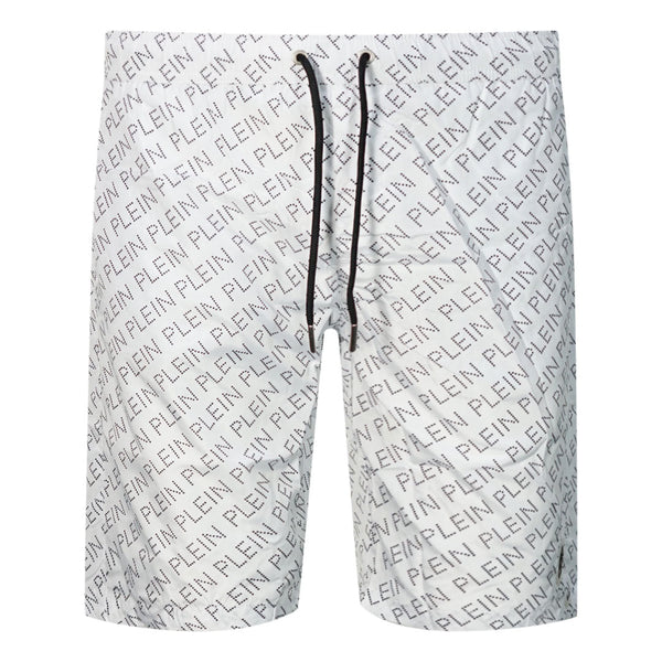 Philipp Plein Repetitive Logo Long White Swim Shorts
