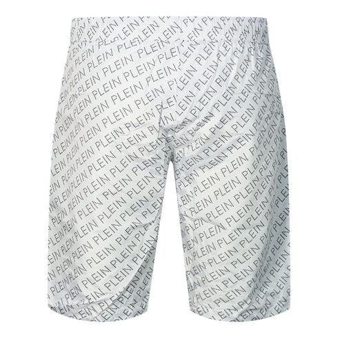 Philipp Plein Repetitive Logo Long White Swim Shorts
