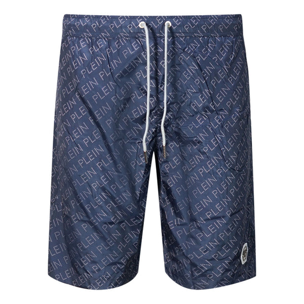 Philipp Plein Repetitive Logo Long Navy Swim Shorts