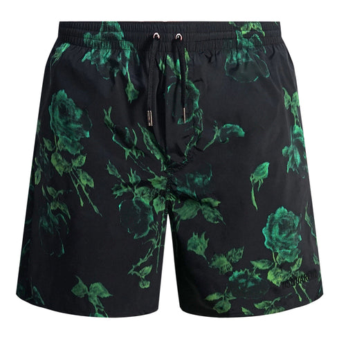 Dsquared2 Green Floral All Over Design Black Swim Shorts D7BM14780 00448