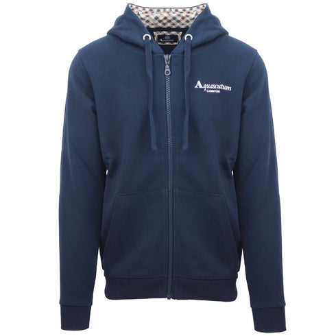 Aquascutum London Embossed Signature Logo Navy Blue Zip Up Hoodie
