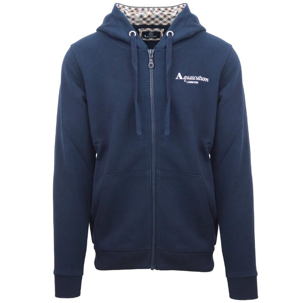 Aquascutum London Embossed Signature Logo Navy Blue Zip Up Hoodie