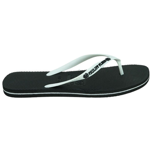 Philipp Plein Brand Logo Black White Flip Flops IMPS904 99W