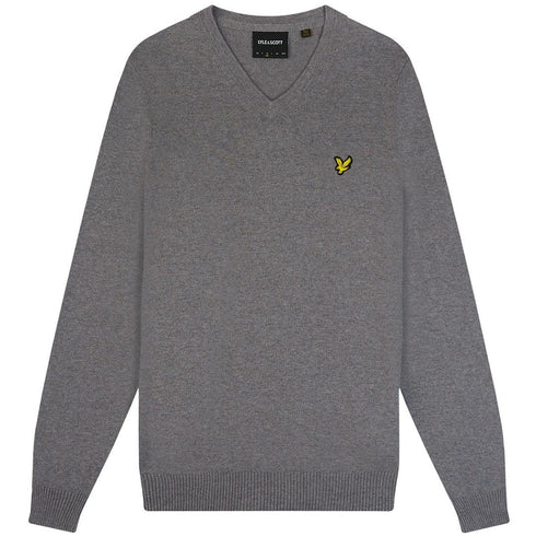 Lyle Scott Cotton Merino Mid Grey Marl V Neck Jumper