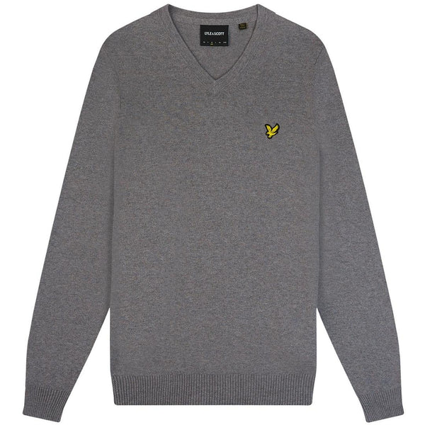 Lyle Scott Cotton Merino Mid Grey Marl V Neck Jumper