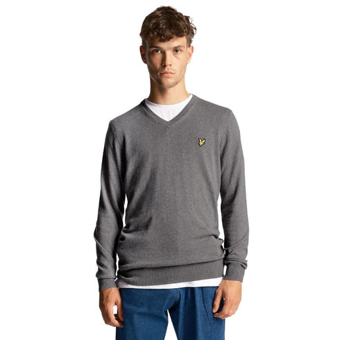 Lyle Scott Cotton Merino Mid Grey Marl V Neck Jumper