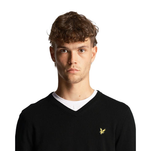 Lyle Scott Cotton Merino Jet Black V Neck Jumper
