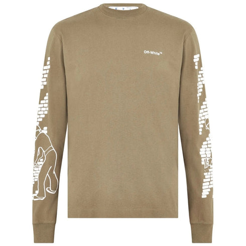 Off White Bricks Logo Long Sleeve Skate Fit Army Green T Shirt