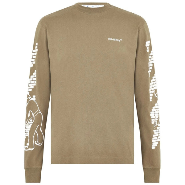 Off White Bricks Logo Long Sleeve Skate Fit Army Green T Shirt