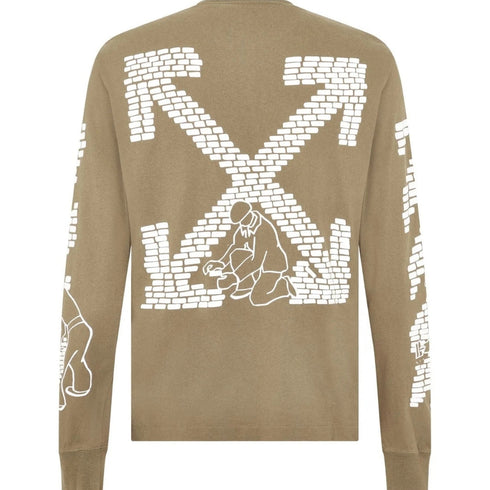 Off White Bricks Logo Long Sleeve Skate Fit Army Green T Shirt
