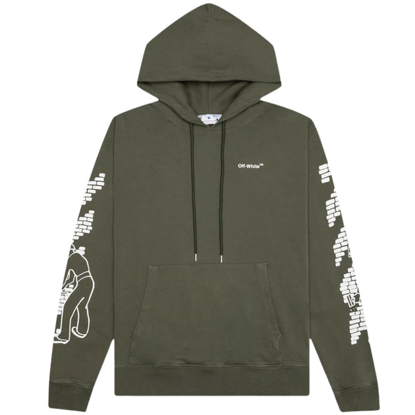 Off White Bricks Design Slim Fit Army Green Hoodie