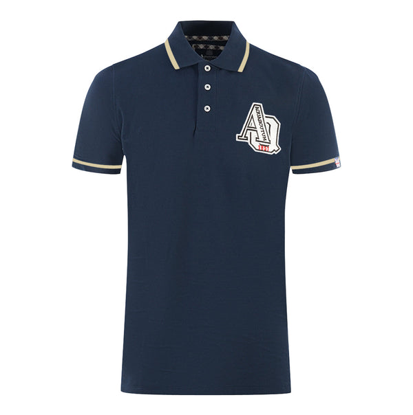 Aquascutum Aq 1851 Embroidered Tipped Navy Blue Polo Shirt