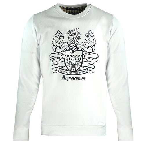 Aquascutum Large Crest Crew Neck White Sweatshirt QMF001L0 01