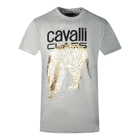 Cavalli Class Large Gold Tiger Stencil Logo Grey T Shirt