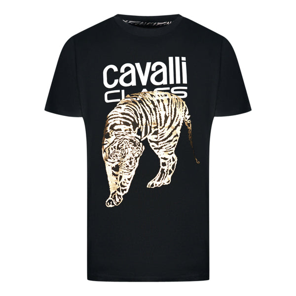 Cavalli Class Large Gold Tiger Stencil Logo Black TShirt QXT61I JD060 05051