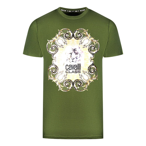 Cavalli Class Bold Tiger Emblem Design Green T Shirt