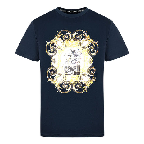 Cavalli Class Bold Tiger Emblem Design Navy T Shirt