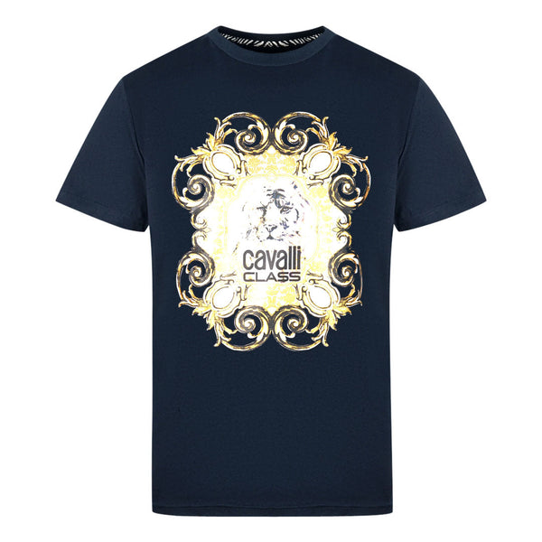 Cavalli Class Bold Tiger Emblem Design Navy T Shirt