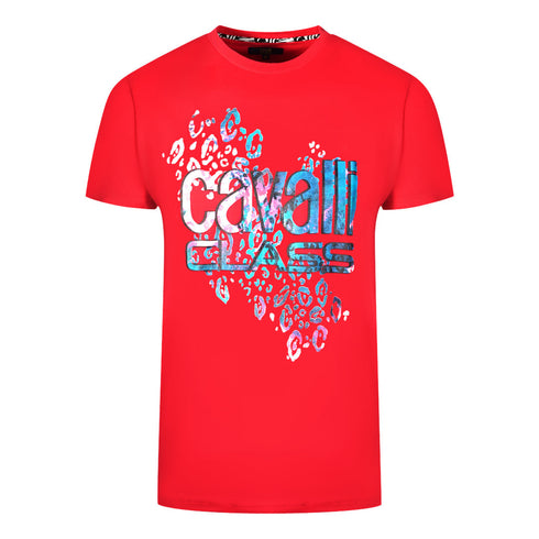 Cavalli Class Leopard Print Logo Red T Shirt