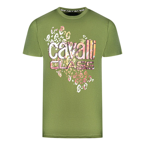 Cavalli Class Leopard Print Logo Green T Shirt