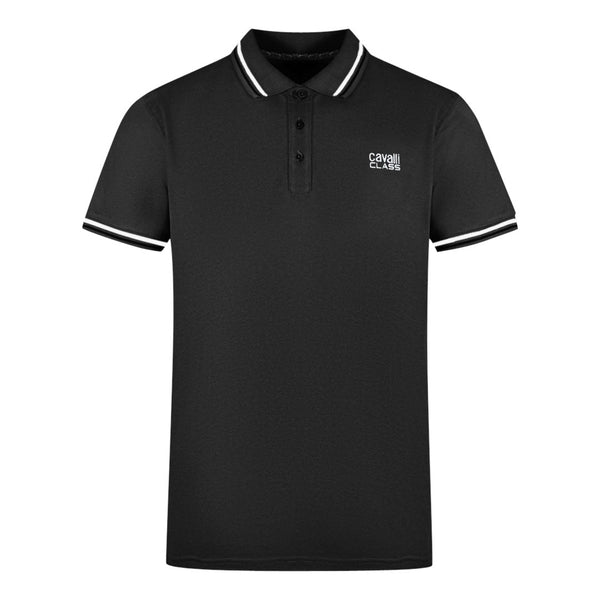 Cavalli Class Twinned Tipped Collar White Logo Black Polo Shirt